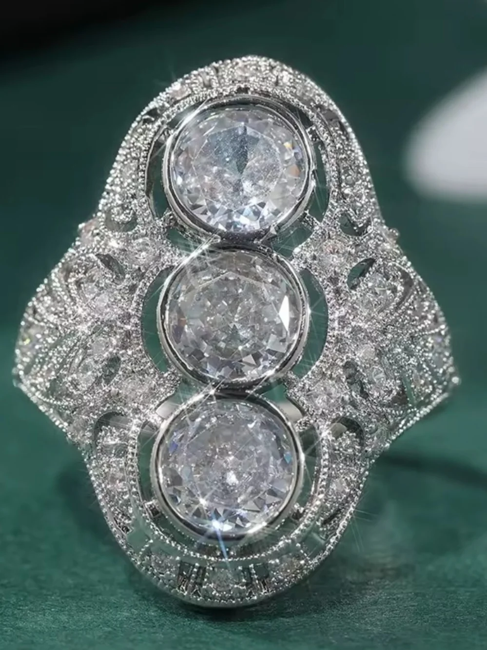 White Rhodium Three Stone White Quartz Filigree Ring
